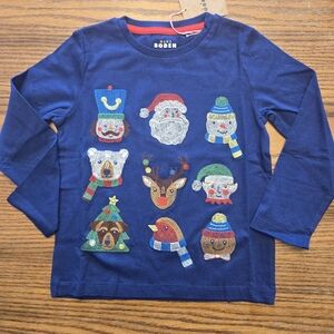 Mini Boden Kids Blue Long Sleeve Shirt with Festive Characters - Size 4-5